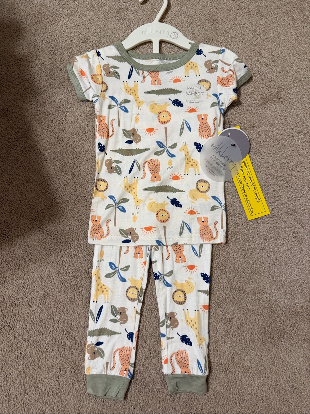 Milkberry Kids Safari Animal Pajama Set in White with Green Trim